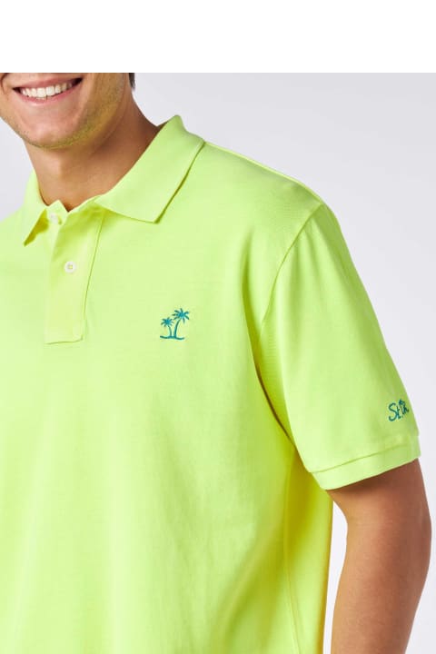 Homeware MC2 Saint Barth Man Fluo Yellow Piquet Polo With St. Barth Logo And Vintage Effect