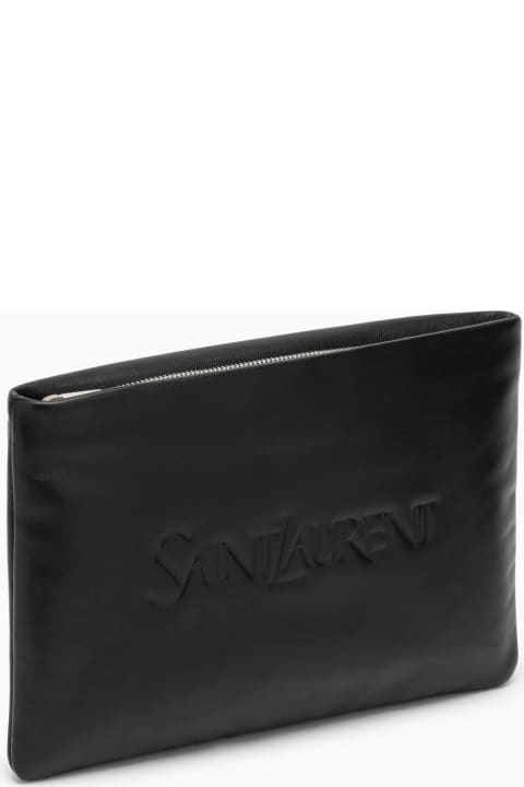 Black Padded Leather Clutch Bag With Logo
