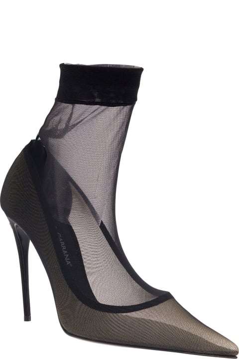 'kim' Black Boots With Stretch Tulle Upper Woman