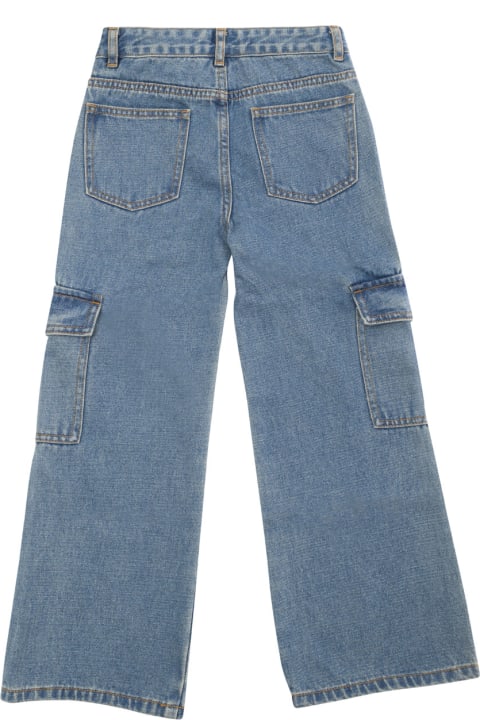 Moschino for Kids Moschino Light Blue Cargo Jeans With Logo Embroidery And Heart-shaped Button In Cotton Denim Girl