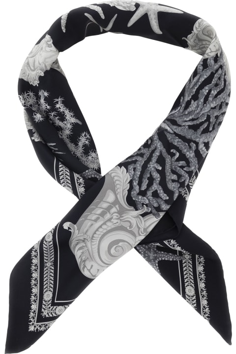 Versace Scarves for Men Versace Black And White Scarf With Barocco Sea Print In Silk Twill Man