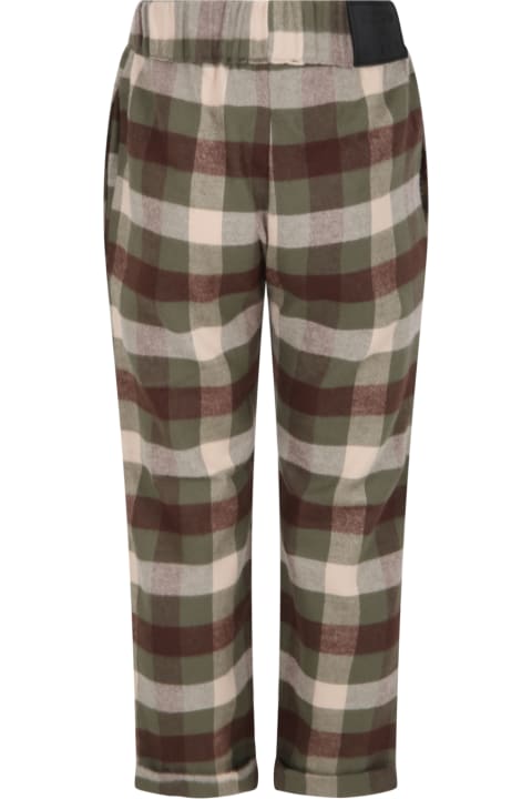 Green Trousers For Boy With Brown And Beige Check Print