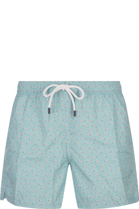 Fedeli Swimwear for Men Fedeli Turquoise Swim Shorts With Fish Pattern