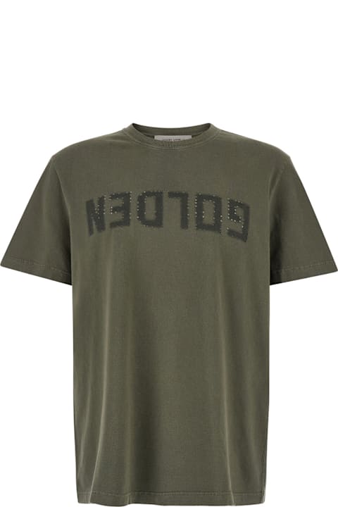 Homeware Golden Goose Green Crewneck T-shirt With Logo On The Front And Logo Patch On The Front In Cotton Man