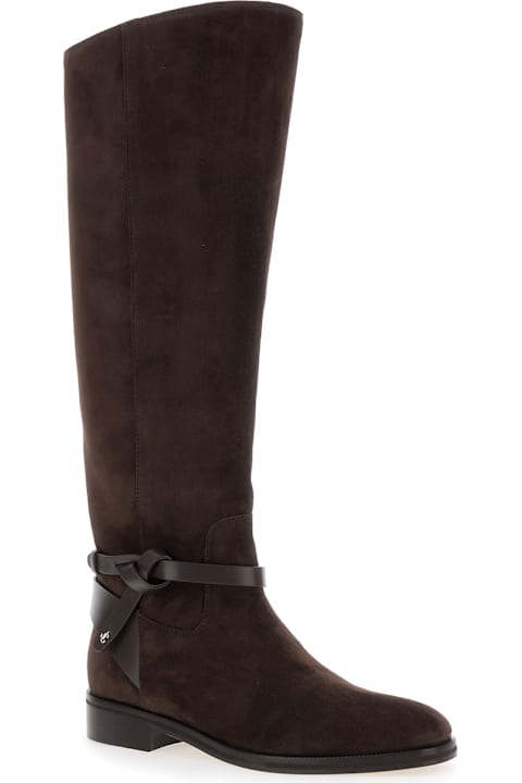 Homeware Jimmy Choo 'lawton' Brown Knee-high Boots With Knotted Detail In Suede Woman