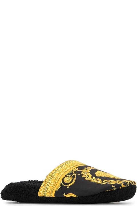 Black And Gold House Slippers In Cotton And Terry With Baroque Print