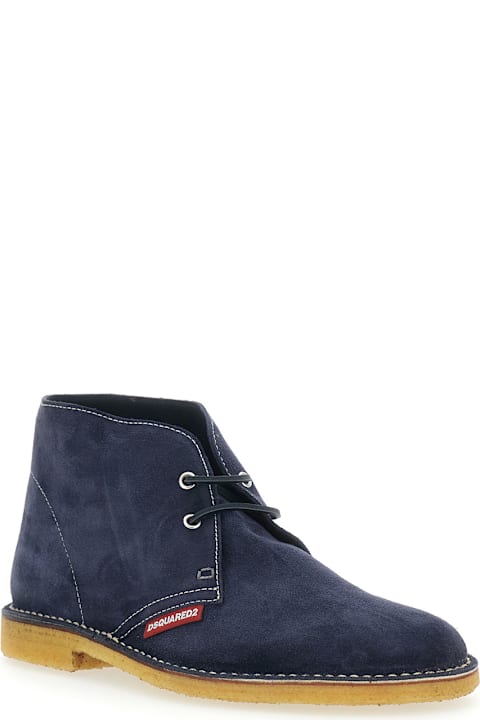 Dsquared2 Blue Oxford Shoes With Logo Patch On The Side And Contrasting Stitching In Suede Man