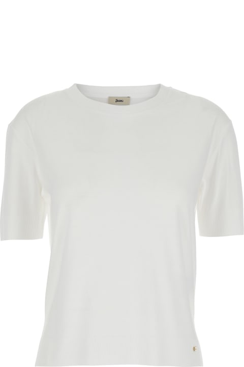 Homeware Herno White Crewneck T-shirt With Logo Plaque On The Front In Cotton Blend Woman