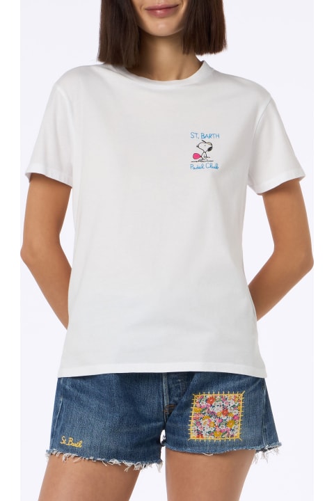Homeware MC2 Saint Barth Woman Pink Cotton Jersey Crewneck T-shirt Emilie With Snoopy St. Barth Padel Club Embroidery | Snoopy Peanuts Special Edition
