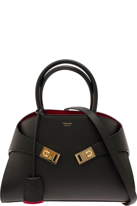 Ferragamo لـ Kids Ferragamo 'hug M' Black Handbag With Logo And Gancini Buckle In Leather Woman