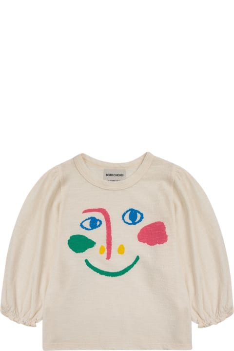 Bobo Choses Topwear for Girls Bobo Choses Ivory T-shirt For Girl With Face Print