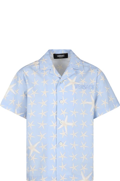 Versace Topwear for Boys Versace Light Blue Shirt For Boy With Sea Shells Print