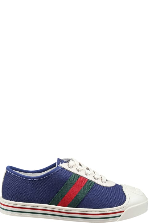 Gucci Kids Gucci Blue Canvas Trainer For Kids With Green And Red Web