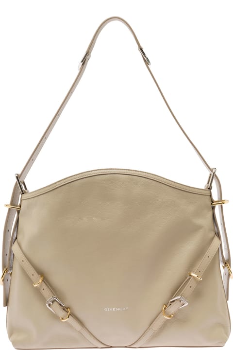 Givenchy 
voyou
 Beige Shoulder Bag With Embossed Logo In Smooth Leather Woman