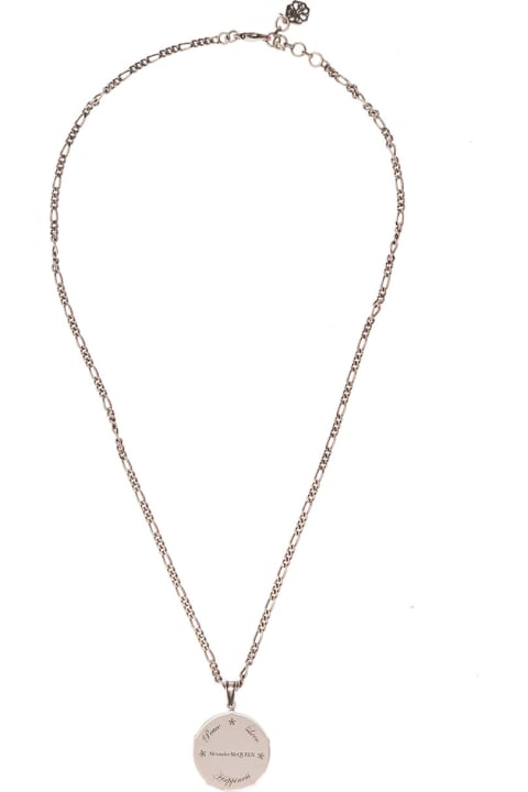 Alexander Mcqueen Man's Silver Metal Necklace With Logo Pendant