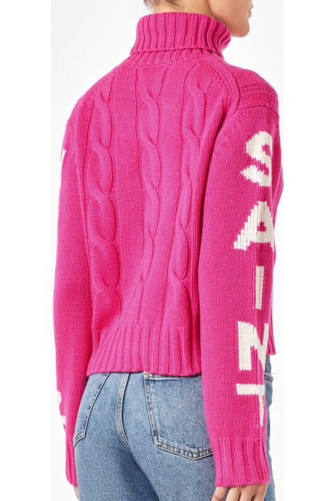 Fashion for Women MC2 Saint Barth Woman Fluo Pink Turtleneck Braided Sweater
