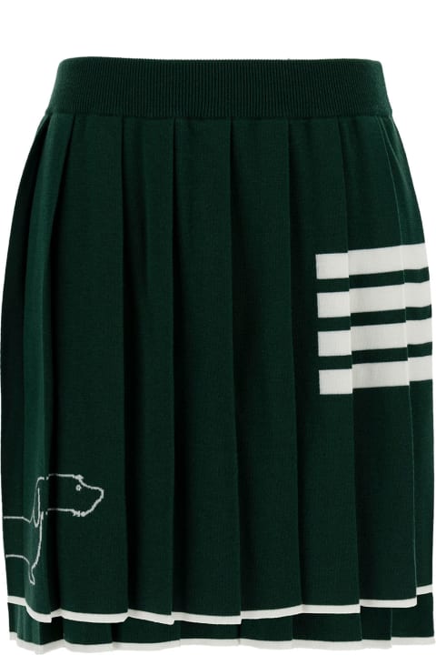 Thom Browne for Women Thom Browne Green Pleated Mini-skirt With Dachshund Print And 4 Bar Detail In Wool Woman