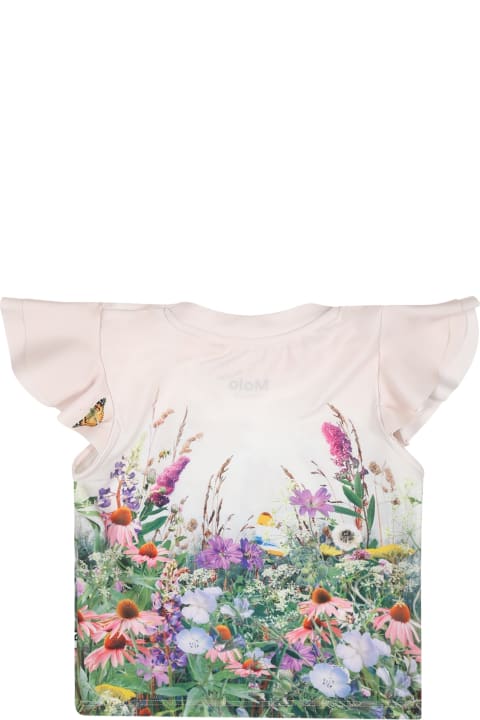 ベビーボーイズ トップス Molo Ivory Anti Uv T-shirt For Baby Girl With Horses And Flowers Print