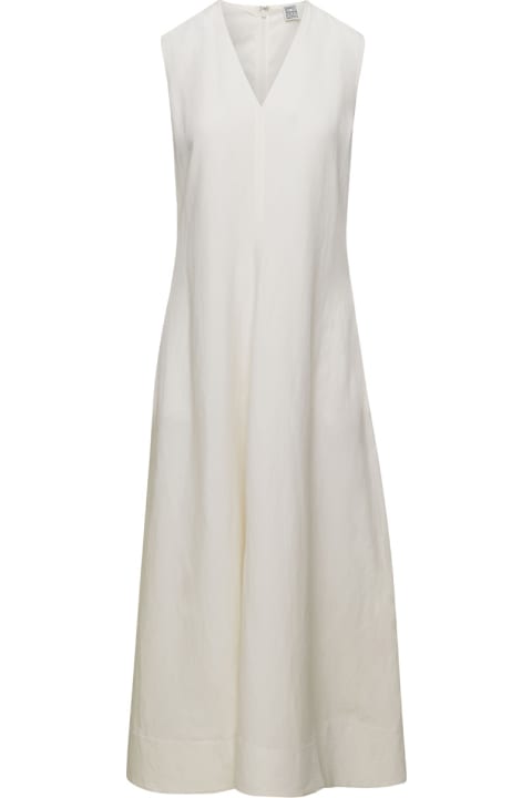 Totême for Women Totême White V-neck Flared Dress In Linen Blend Woman