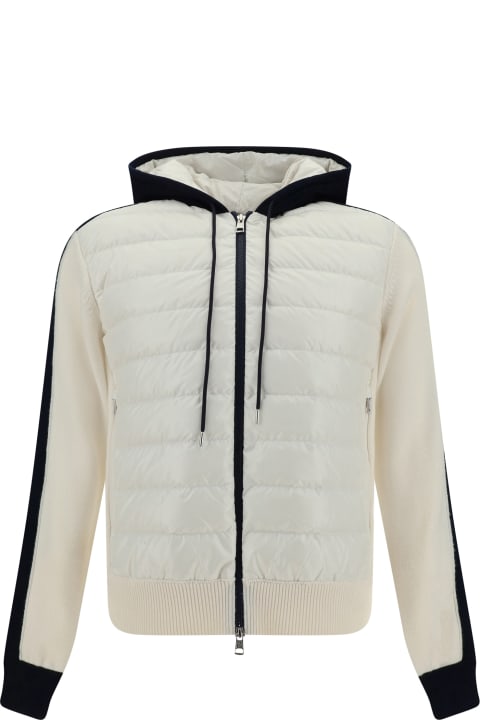Moncler for Men Moncler Padded Tricot Cardigan With Hood In White And Navy Blue