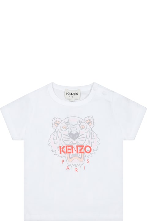 White T-shirt For Baby Girl With Iconic Roaring Tiger And Logo