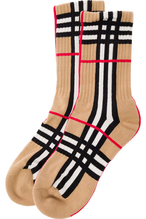 Beige Socks With Vintage Check Motif In Stretch Nylon Blend Man