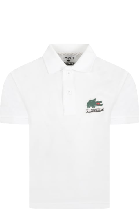 White Polo Shirt For Boy With Pixelated Crocodile