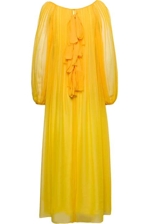 Long Yellow Tunic Pleated Dress With Rouche Detail In Silk Woman