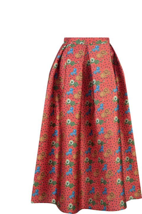 Red Bell Long Skirt With Lions Print