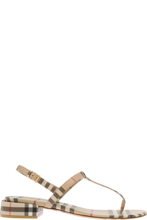 Beige Sandals With Vintage Check Motif And Short Heel In Canvas Woman
