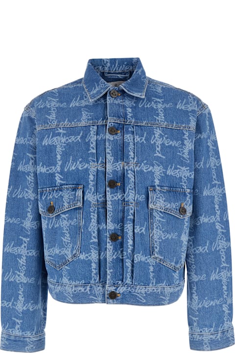 Vivienne Westwood لـ Kids Vivienne Westwood 'marlene' Blue Jacket With All-over Printed Lettering Logo In Denim Man