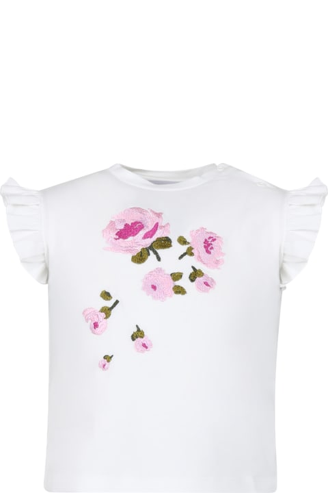 Simonetta Clothing for Baby Girls Simonetta White T-shirt For Baby Girl With Roses