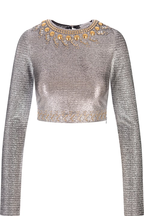 Paco Rabanne Topwear for Women Paco Rabanne Silver Lame' Crop Top With Studs