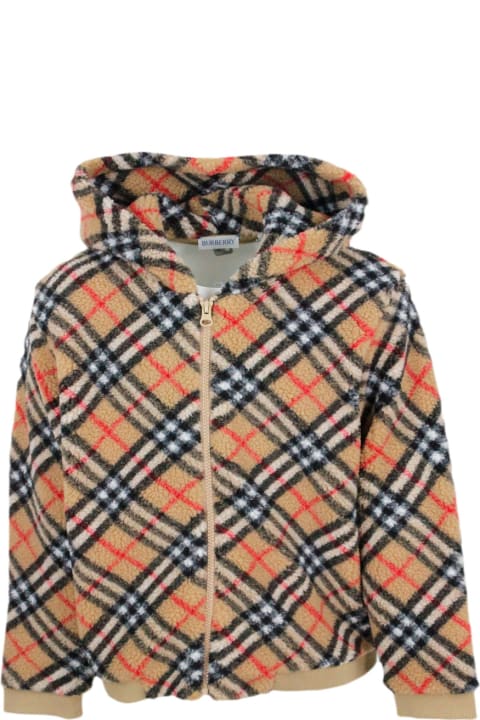 Burberry Sale for Kids Burberry Long-sleeved Fleece Zip-up Hoodie With Check Pattern And Ribbed Fabric Cuffs