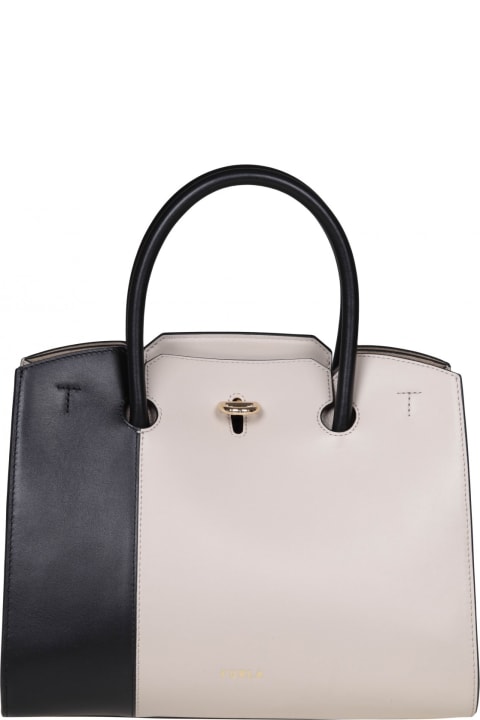 Furla Genesi Tote L Fullmoon White Roma Soft Calf Leather Colorblock with Patch Design Woman