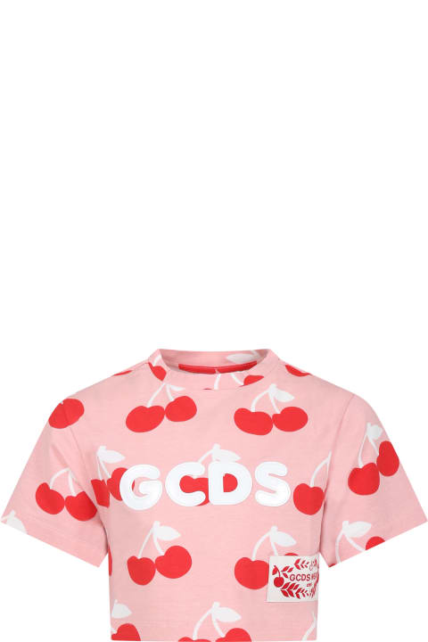 GCDS Mini T-Shirts & Polo Shirts for Girls GCDS Mini Pink T-shirt For Girl With All-over Cherry Print