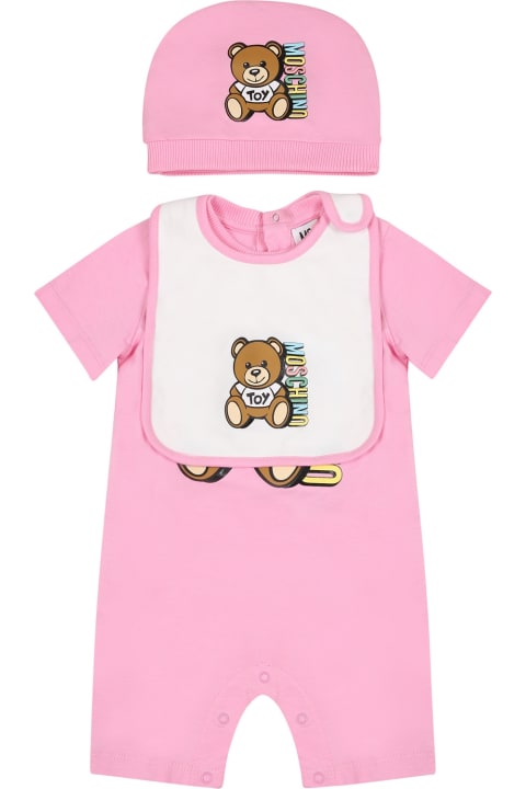 Sale for Baby Girls Moschino Pink Set For Baby Girl With Teddy Bear And Logo