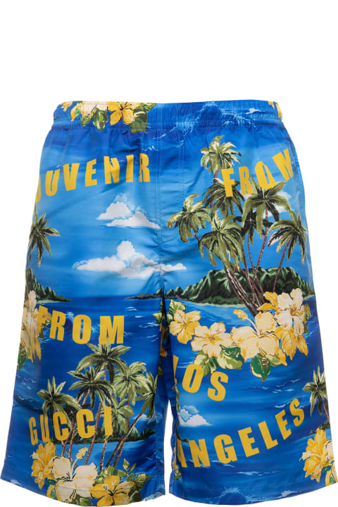 メンズ Gucciの水着 Gucci Light-blue Swim Shorts With All-over Graphic Print In Nylon Man