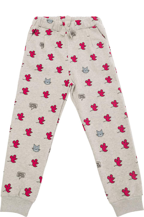 Grey Pants With All-over Mouse And Cats Print In Cotton Girl