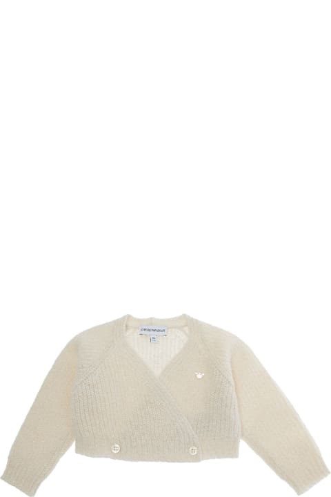 Homeware Emporio Armani White Cardigan With V Neck And Logo Embroidery On The Front In Wool Blend Baby