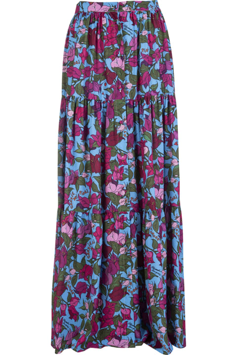 Long Light Blue Skirt With All-over Bougainvillea Print