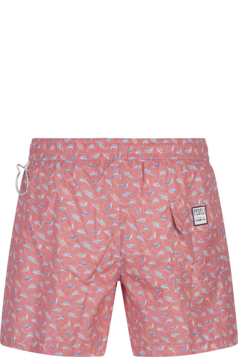 Swimwear for Men Fedeli Red Swim Shorts With Blue Dolphin Pattern