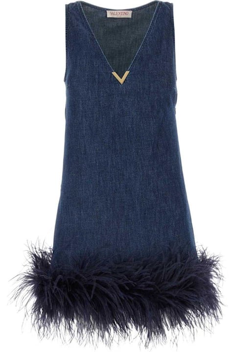 Valentino Garavani Dresses for Women Valentino Garavani Logo Plaque V-neck Denim Dress