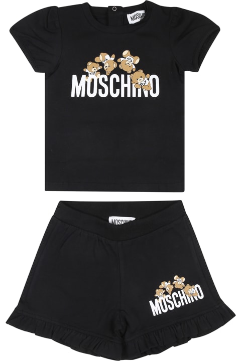 Bottoms for Baby Girls Moschino Black Suit For Baby Girl With Teddy Bears And Logo