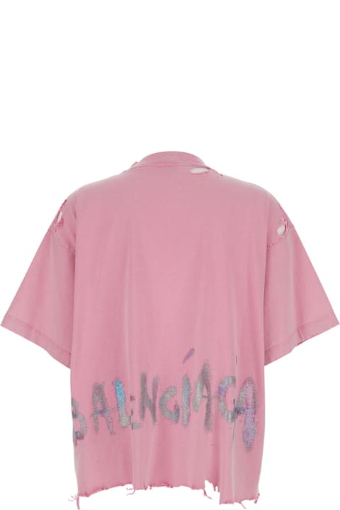 ウィメンズ トップス Balenciaga Pink T-shirt With Round Neck Logo On The Front And Back And Distressed Details In Cotton Woman