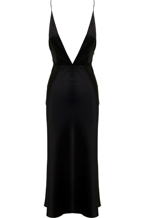 Materiel Woman's Black Silk Long Dress With Deep V-neck