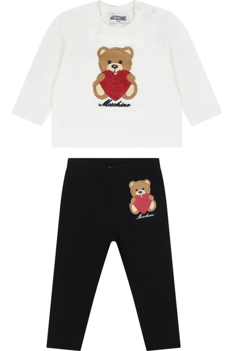 Bottoms for Baby Girls Moschino White Tracksuit For Baby Girl With Teddy Bear And Logo
