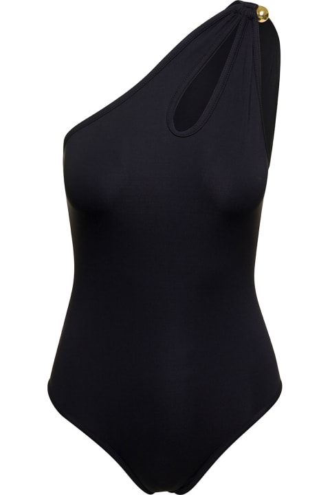 Black Mono-shoulder Swimsuit With Golden Detail In Polyamide Woman