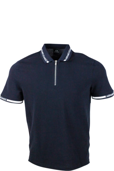 Armani Collezioni Topwear for Men Armani Collezioni Hort-sleeved Pique Cotton Polo Shirt With Zip Closure And Writing On The Collar