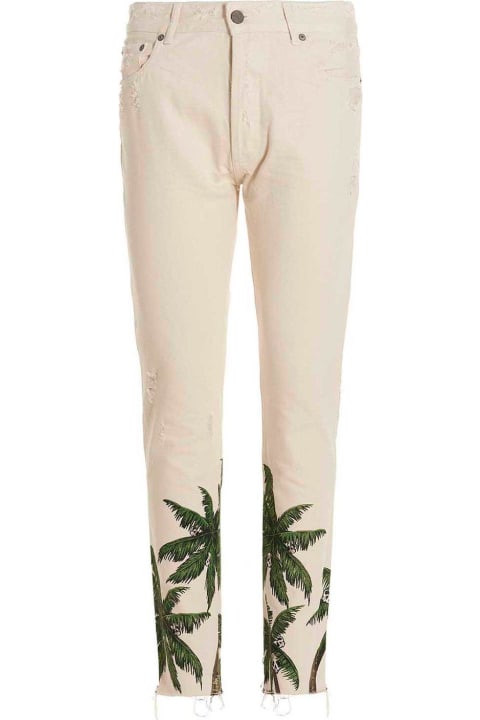 Palm Printed Distressed Jeans